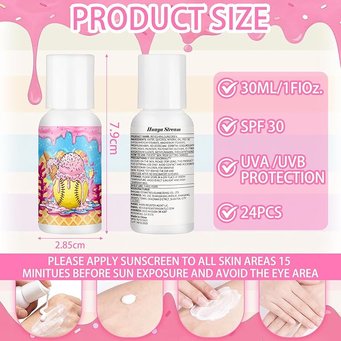 Demissle 24 Pcs Ice Cream Drip Softball Mini Sunscreen Bulk Spf 30 Travel Size Sunscreen Ice Cream Dripping Party Favors for Softball Birthday Sports Team Summer Gifts, 1 Fl. oz
