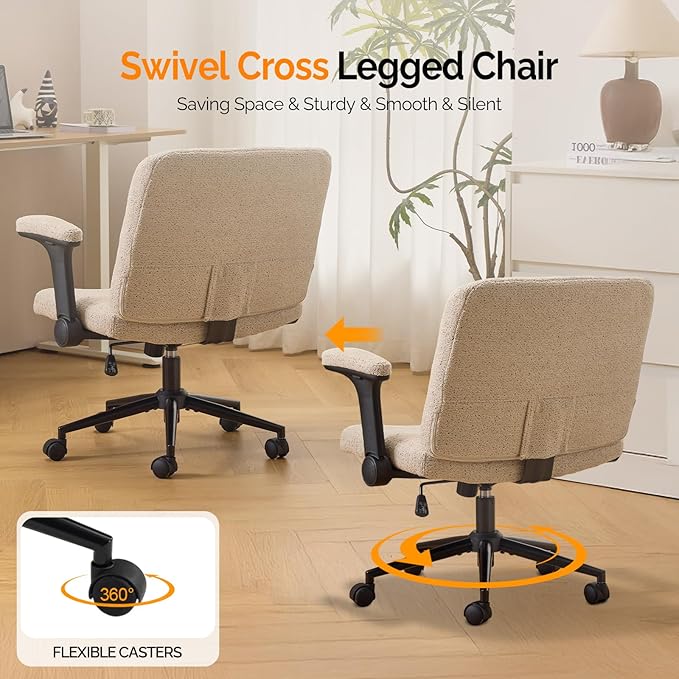 VINGLI Criss Cross Chair with Adjustable Flip-Up Arms,Cross Legged Chair with Wheels,Extra Wide Office Chair,Desk Chair for Home Office,Vanity,Bedroom, Apartment,Starry Chenille,Khaki