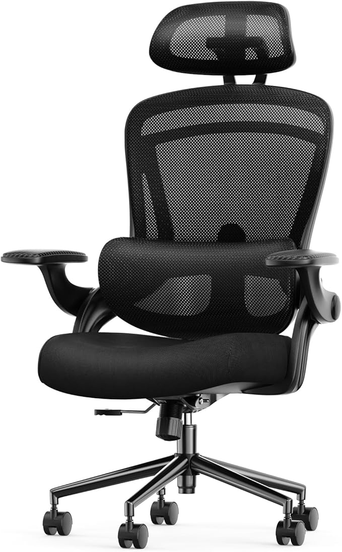 Sweetcrispy Office Chair Ergonomic Desk Chair, 300 LBS Home Mesh Office Desk Chairs with Wheels, 2D Headrest, Up&Down Lumbar Support, Swivel High Back Computer Chair with Flip-up Armrests,Dark Black