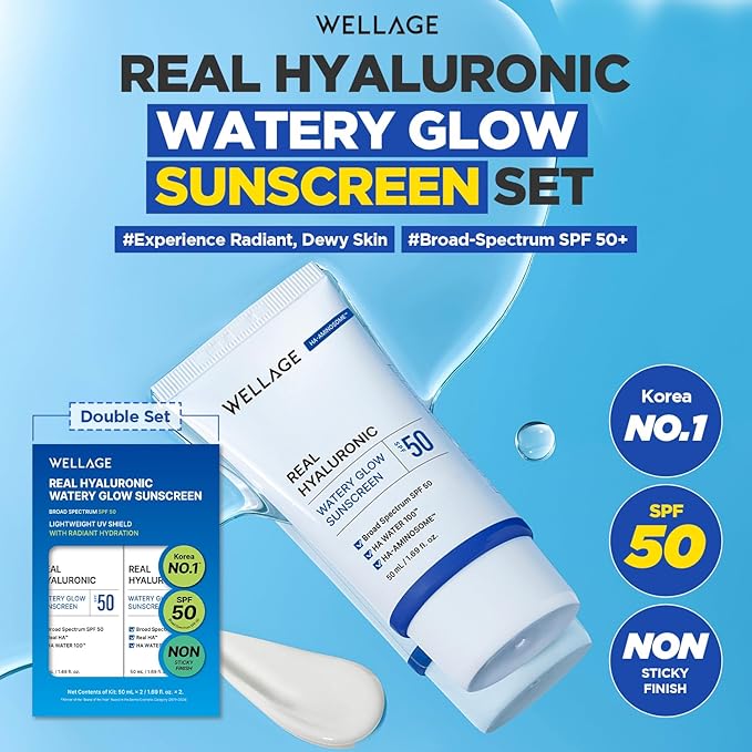 WELLAGE Real Hyaluronic Watery Glow Sunscreen Double Set SPF50 - Broad Spectrum UV Protection with 6 Types Hyaluronic Acid, No White Cast, K-Beauty Face Sunscreen, 1.69 fl.oz x 2 Pack