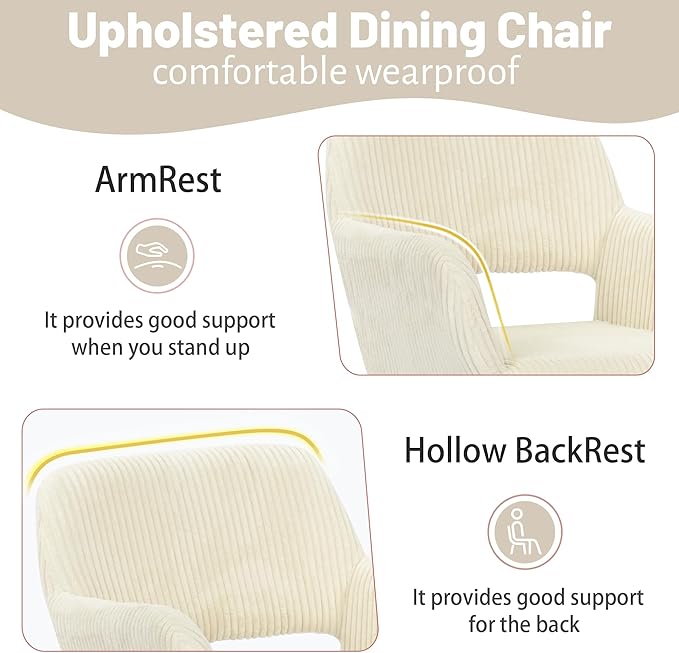 KCC Small Modern Dining Room Arm Chairs Set of 2, Mid-Century Upholstered Corduroy Fabric Side Seat Club Guest with Metal Tube Legs for Kitchen, Living Room, Beige