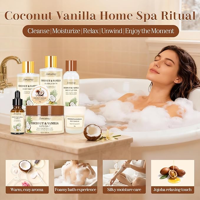 22PCS Spa Gift Baskets for Women, Luxury Bath and Body Gift Basket Set for Women Coconut Vanilla Spa Kit Relaxing Spa Self Care Gift for Her Wife Lover Mom Sister Friend
