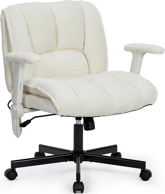 Criss Cross Legged Office Chair with Flip-Up Arms and Wheels, Wide Seat Desk Chair with Built-In Dynamic Airbag Lumbar Support, Modern Cross-Leg Chair for Home Office, Apartment, Vanity, Beige