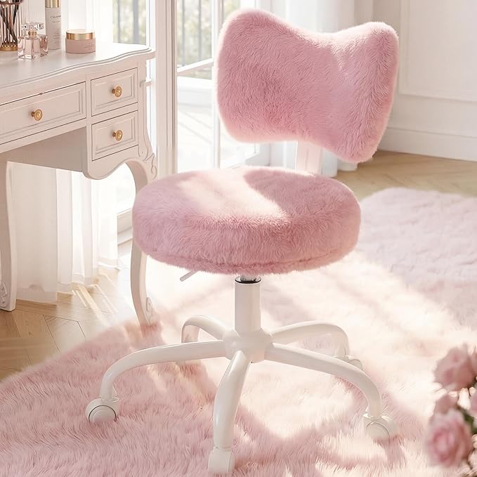 Vanity Chair with Wheels, Pink Desk Chair with Cute Bow Backrest, Fluffy Faux Rabbit Fur Small Office Chair for Vanity, Make-up Room, Bedroom, Dorm, Small Space, Height Adjustable, Pink