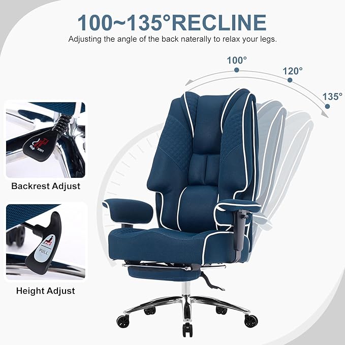 Big and Tall Office Chair 400lbs Wide Seat, Leather High Back Executive Office Chair with Lumbar Support, Ergonomic Chairs Padded Armrests & Thick Cushion (Mesh Blue)