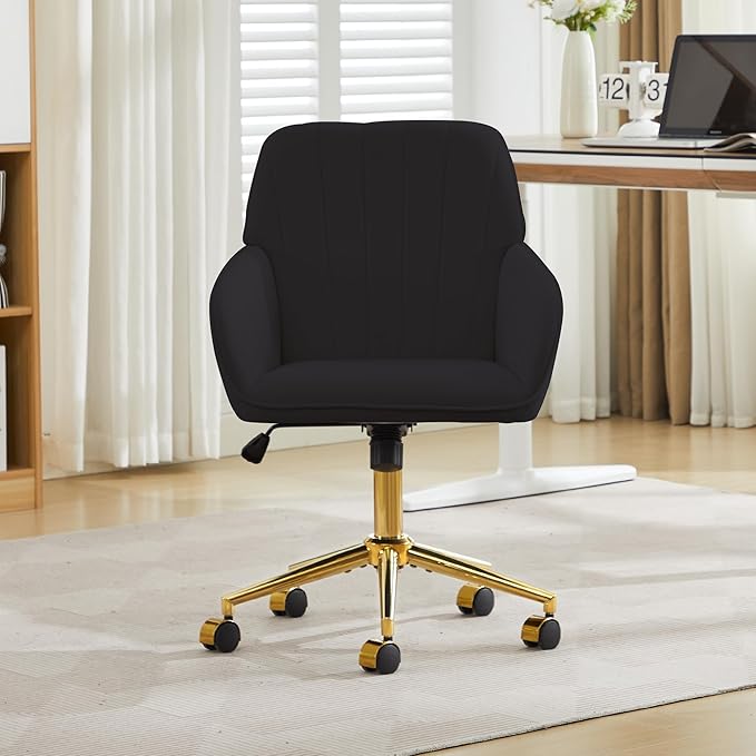 YITAI Velvet Office Desk Chair with Wheels and Gold Base,Modern Height Adjustable 360 Degree Swivel Upholstered Vanity Chairs with Arms for Living Room Bedroom, Study,Black