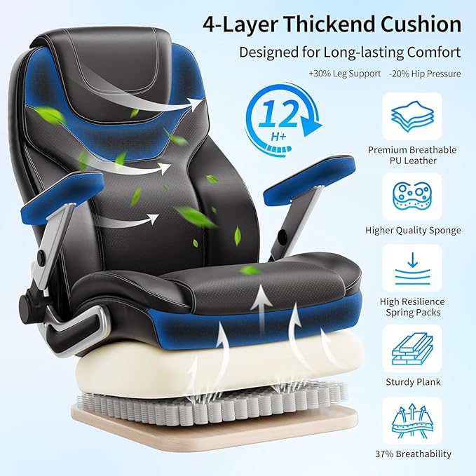 Big and Tall Office Chair with 5D Arms, 600lbs Fabric & PU Leather Heavy Duty Desk Chair, Adjustable Lumbar Support & Height, Tilt Function, High Back Ergonomic Executive Computer Chair
