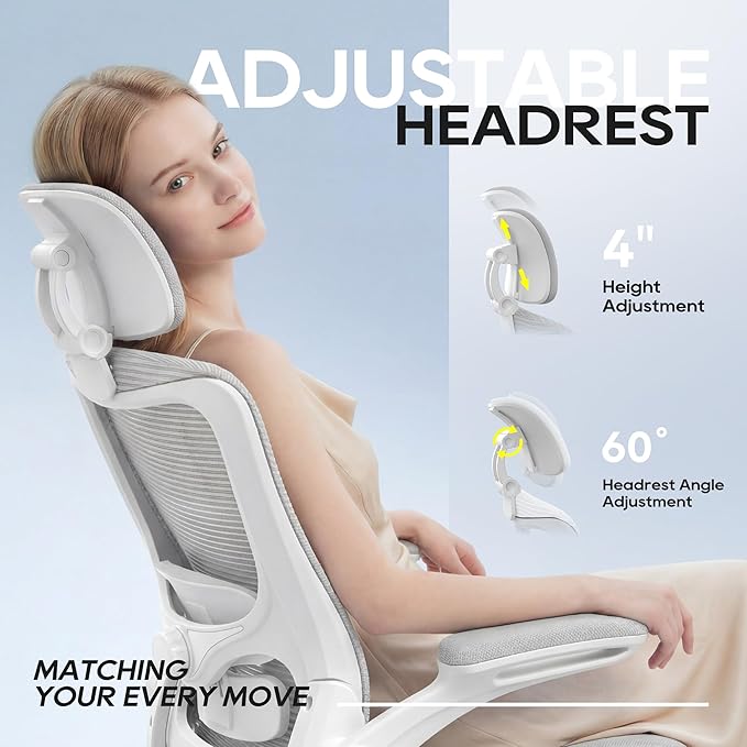 Ergonomic Office Chair, High Back Mesh Desk Chair with Adjustable Lumbar Support & Headrest, Flip-up Armrest, Computer Task Chairs for Home and Executive Office (W-Grey)