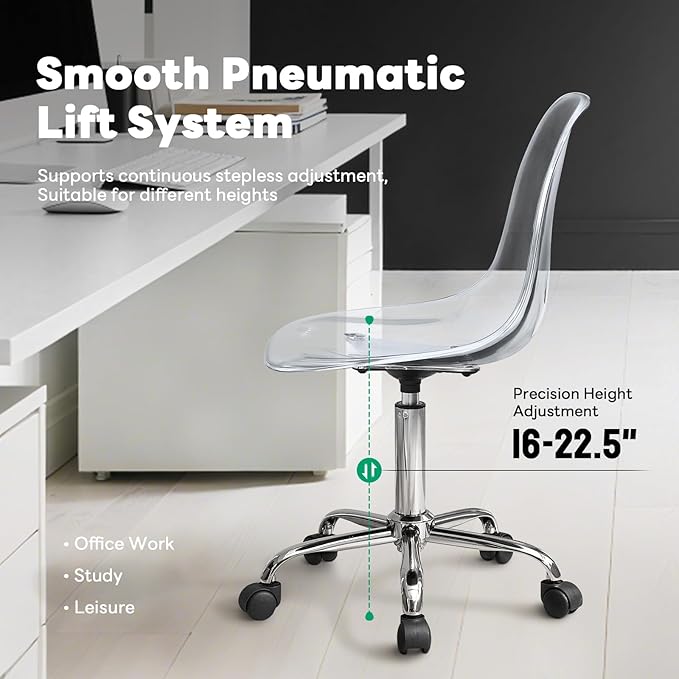 Lessmore Clear Acrylic Desk Chair, Modern Small Acrylic Home Office Chairs with Wheels, Armless Swivel Vanity Rolling Chair for Office, Home (Silver)
