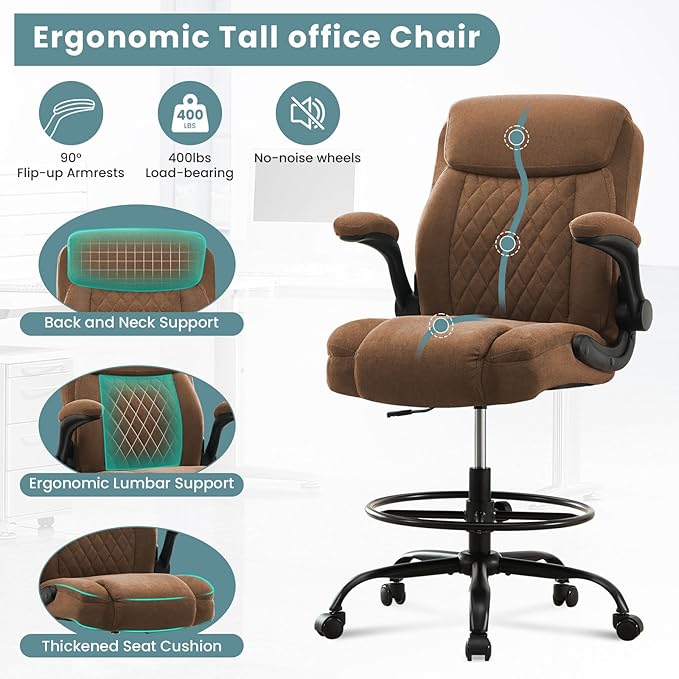 Drafting Chair for Standing Desk – Tall Office Chair with Adjustable Height & Foot Ring, Flip-Up Arms, Lumbar Support – Comfortable Fabric Seat, Ideal Home Desk Chair