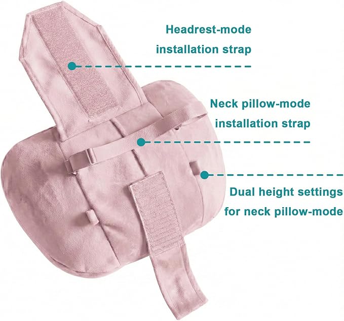 2PCS Car Pillow for Car Neck Pillow for Driving Seat Leather Neck Support Soft Cushion Back Support Head-Rests for Vehicle Sleeping with Elastic Adjustment Strap (Light Pink, Head and Lumbar)