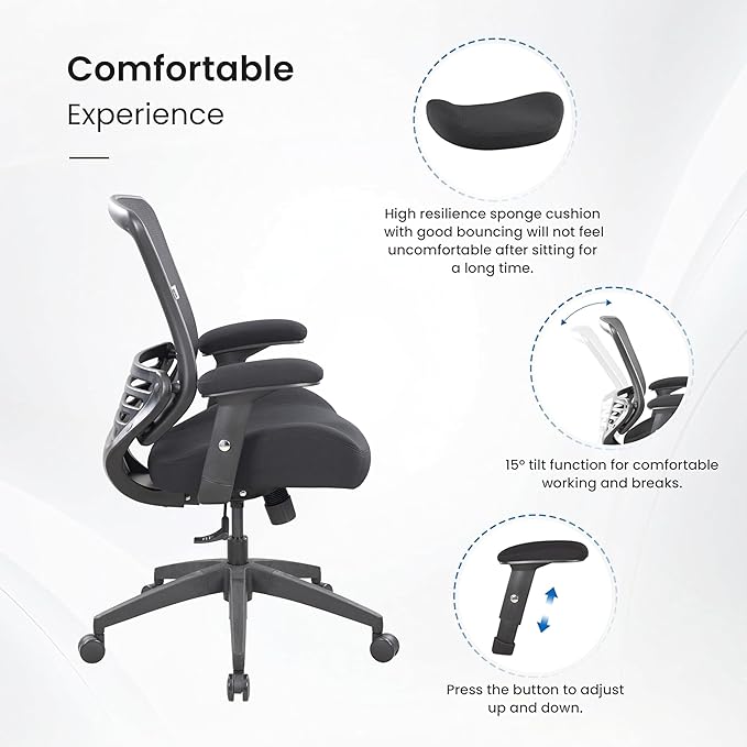 BOLISS Office Chair Mesh Ergonomic Super Soft Wide Cushion Computer Desk Chair Height Adjustable Arms(Black)