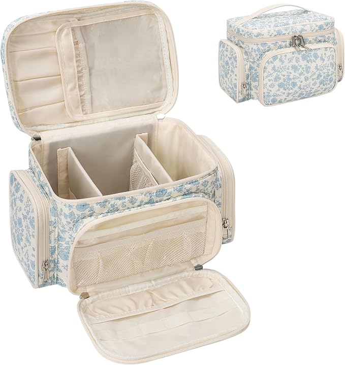 Large Cotton Makeup Bag, Quilted Floral Makeup Bag Organizer for Women Girls with Makeup Brush Compartment & Two Side Pockets, Cosmetic Travel Bag Vertical Storage- Blue Flower