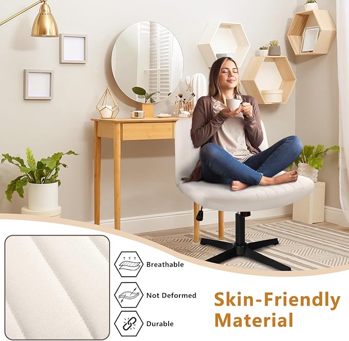 Criss Cross Chair, Cross Legged Desk Office Vanity Chair, Comfortable Beige Vanity Stool with Back, Armless Fabric Adjustable Wide Swivel Criss Cross Desk Chair for Home Office