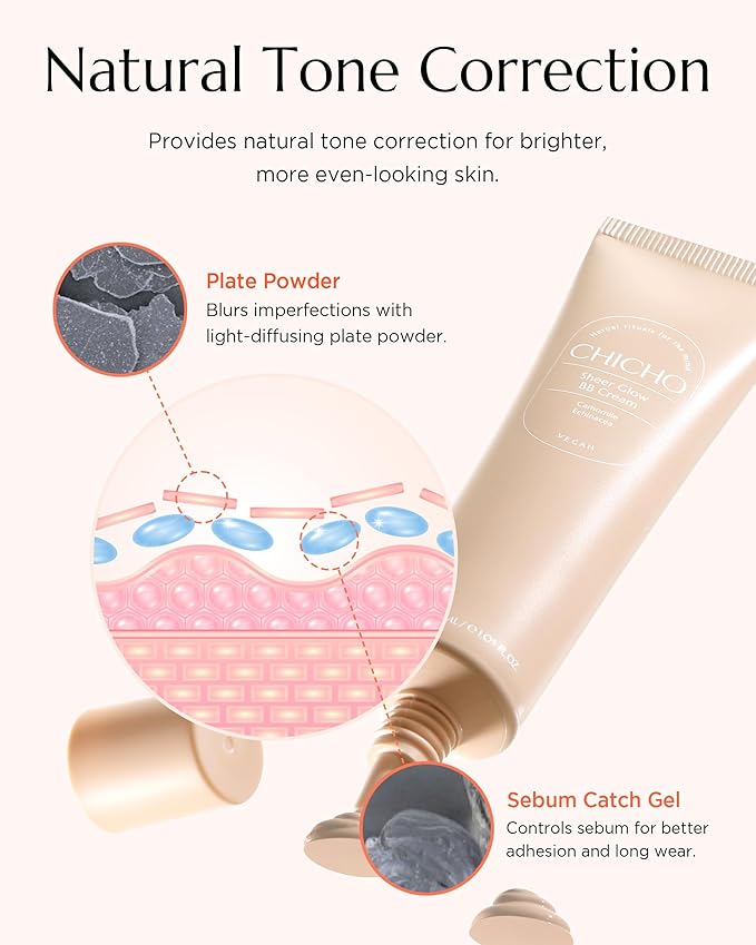 CHICHO Sheer Glow BB Cream 93% Herbal Base Chamomile Flower - Korean Makeup Redness Coverage for Acne Prone Sensitive Skin, Vegan, Non-Comedogenic, Pore Concealer, 1.01 fl.oz.