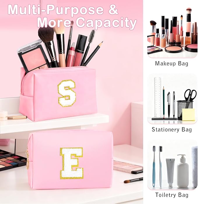Initial Makeup Bag - Birthday Gifts for Girls 4 5 6 7 8 9 10 11 12 Year Old Teen Girls, Personalized Teen Girl Gifts - Preppy Cosmetic Bags Cute claw clips for Kids Women (Pink E)