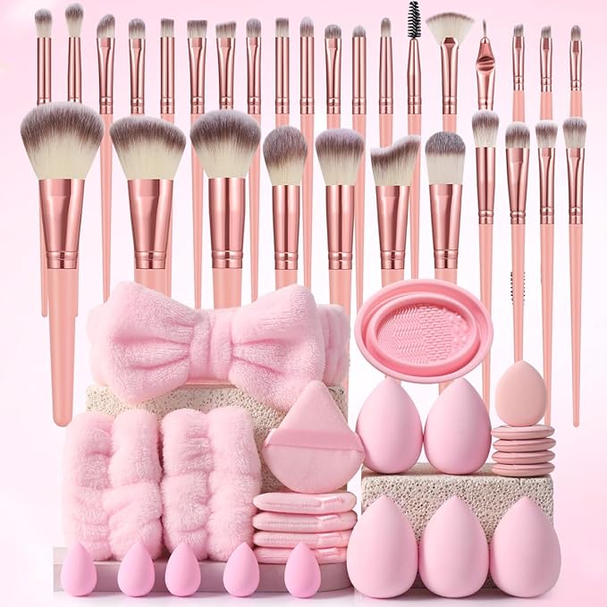 Professional Comfort Makeup Tool Set, 54pcs/set Brush & Today Sponge & Powder Puff & Headband & Brush Cleaning Bowl, Multi-sue Facial Makeup & Cleansing Accessories (pink)