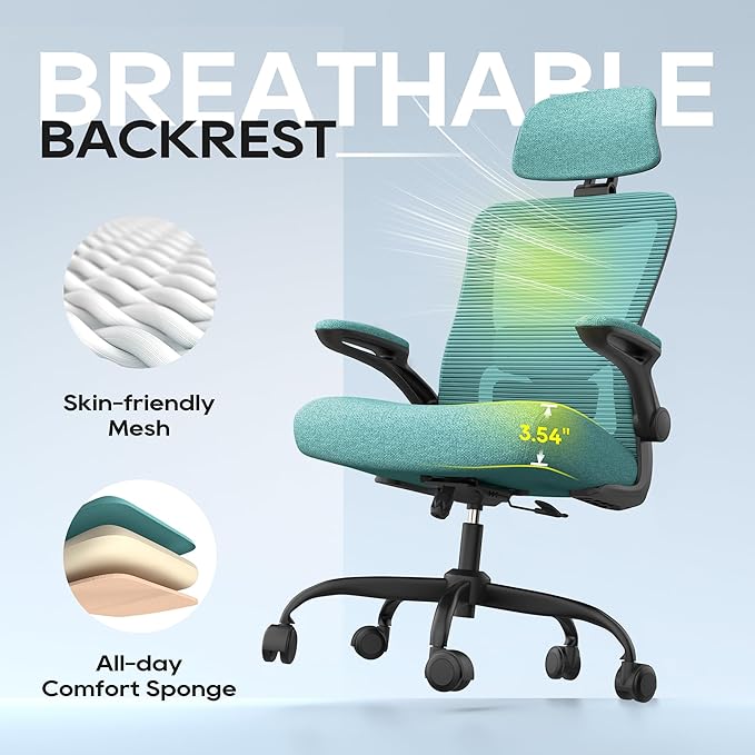 Ergonomic Office Chair, High Back Mesh Desk Chair with Adjustable Lumbar Support & Headrest, Flip-up Armrest, Computer Task Chairs for Home and Executive Office (B-Green)
