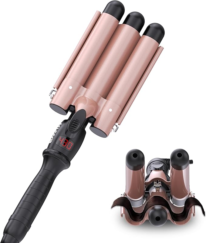 kuwa Crimper Hair Tool, 15 Variable Temperature with LCD Display Hair Crimper, Waver Hair Tool,3 Barrel Curling Iron, hairCrimper for Women,Long-Lasting Natural Tight Waves
