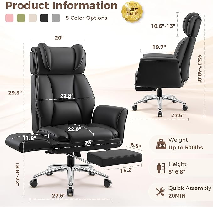 Big and Tall Office Chair, Flip Armrests for Pets & Cross Legged Sitting, Ergonomic Leather Executive Desk Chair with Foot Rest, High-Back Reclining Computer Chairs for Office Home Game - Black
