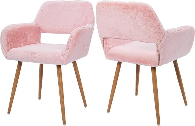 Furry Desk Chair Set of 2, Modern Home Office Chair Without Wheels, Faux Fur Vanity Chair with Hollow Backrest, Comfy Armchair Wood Frame with Strudy Metal Legs, Pink