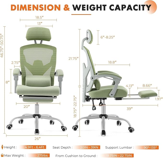 Sweetcrispy Office Computer Desk Chair Set of 2, Ergonomic High-Back Mesh Rolling Work Swivel Chairs with Wheels, Comfortable Lumbar Support, Comfy Arms for Home, Bedroom, Study, Student, Green