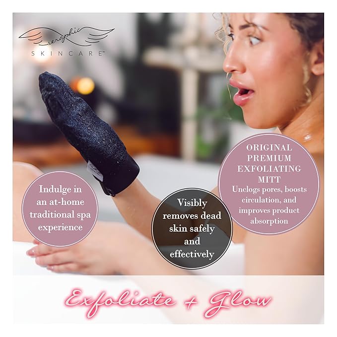 Seraphic Skincare (Original) Premium Exfoliating Mitt for Body (1pc) – 100% Vegan Viscose Traditional Body Scrub Glove Kessa Korean Washcloth – Body Exfoliator for Self-Tan Removal & Keratosis Pilaris