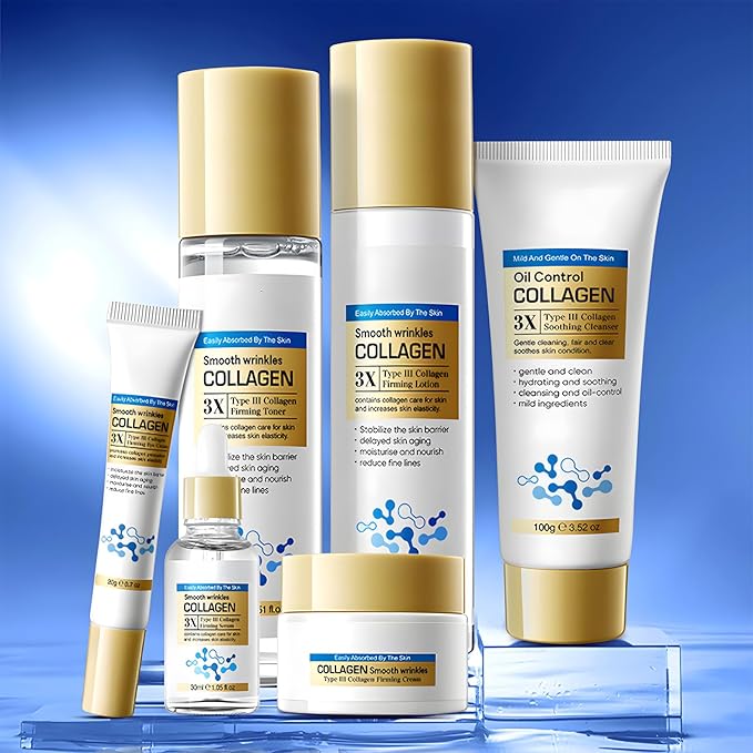 Collagen Skin Care Set, 6-Piece Anti-Aging Kit for Women to Help Reduce Fine Lines & Wrinkles, Hydrating & Pore-Minimizing, Includes Serum, Cream, Eye Cream, Toner, Cleanser, Daily Routine & Gift Set