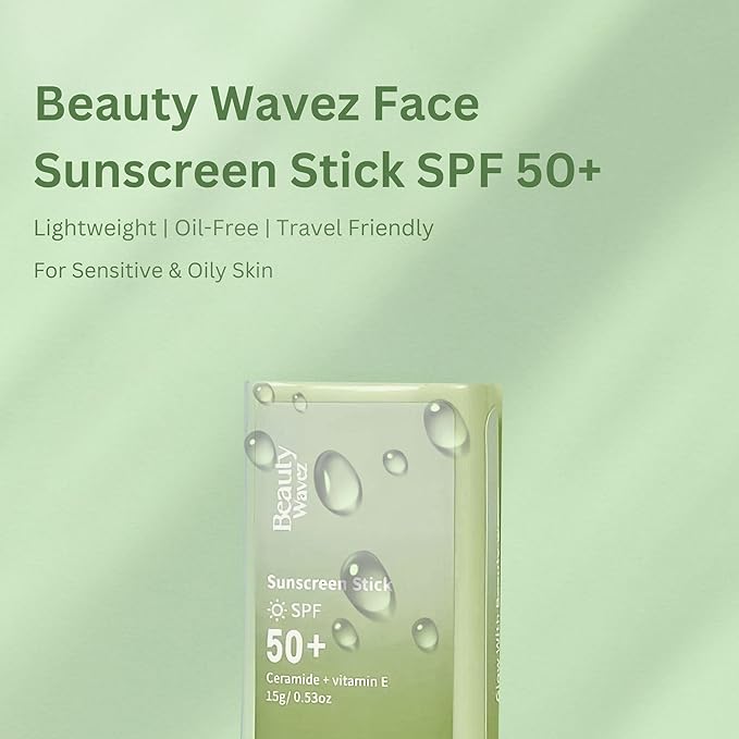 Beauty Wavez Face Sunscreen Stick for Sensitive Skin – Broad Spectrum SPF 50+ with Ceramide & Vitamin E – UVA/UVB Protection, Travel Size