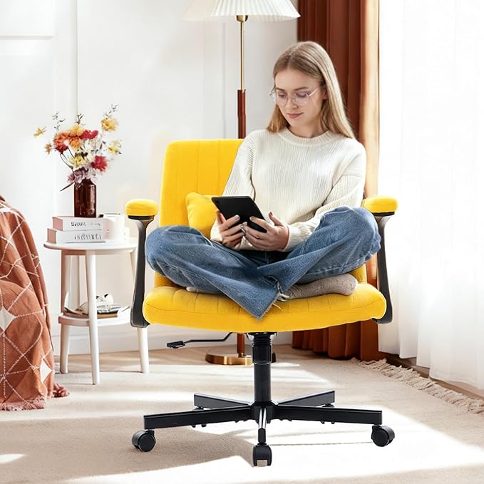Ergonomic Cross Legged Chair with Wheels,360° Swivel Meditation Chair,ADHD Chair, Criss Cross Desk Chair with Lumbar Support and Adjustable Stool, (Wide seat Cushion, Yellow)