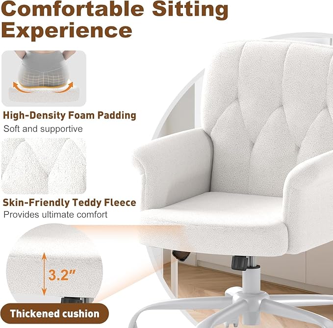 Comfy Home Office Desk Chair, Upholstered Fuzzy Vanity Chair with Wheels and Arms, Modern Adjustable Swivel Computer Seat for Make Up, Home Office, Living Room, Bedroom, Teddy Fleece, White