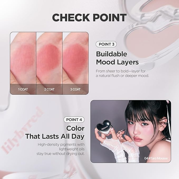 lilybyred Luv Beam Cheek Mousse | Heart-Shaped Korean Cream Blush, Airy Soft-Matte Texture, Soft-Focus & Pore-Blurring Finish, Seamless Buildable, Natural Flush, 0.13 oz. (05 Fig Mousse)