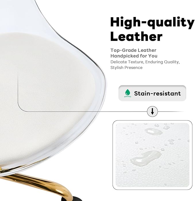 Lessmore Clear Acrylic Desk Chair with Pu Leather Cushion, Adjustable Home Office Chair with Wheels, Rolling Armless Vanity Chair for Office, Home, Make Up, Small Space, Bedroom(Gold)