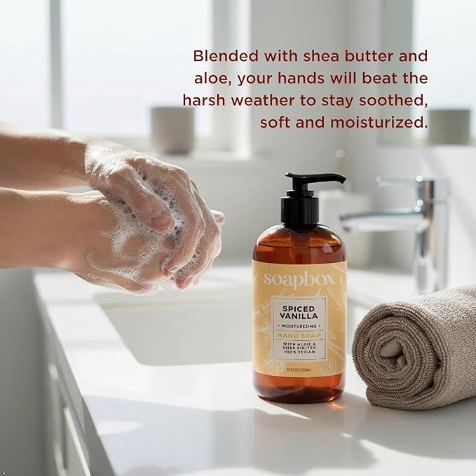 Soapbox Liquid Hand Soap, Spiced Vanilla - Gentle, Moisturizing Hand Cleanser, Vegan, Cruelty Free Hand Soap for Bathroom and Kitchen, 12oz Pump Bottles (Pack of 4)