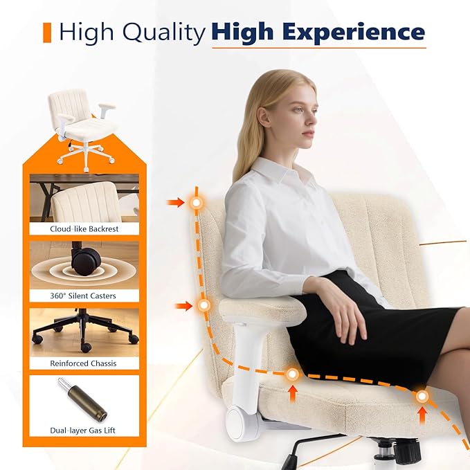 VINGLI Criss Cross Chair with Adjustable Flip-Up Arms,Cross Legged Chair with Wheels, Extra Wide Office Chair,Cozy Desk Chair for Home Office, Vanity, Apartment,Chenille Velvet,Beige