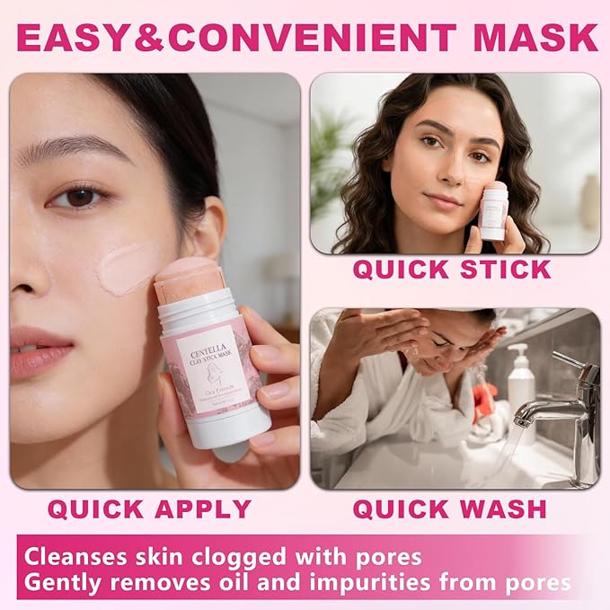 KUNAL 2 PCS Centella Clay Mask Stick,Pink Poremizing Clay Stick Mask,Oil Control Moisturizing & Soothing Cleansing Facial Mask for All Skin Types