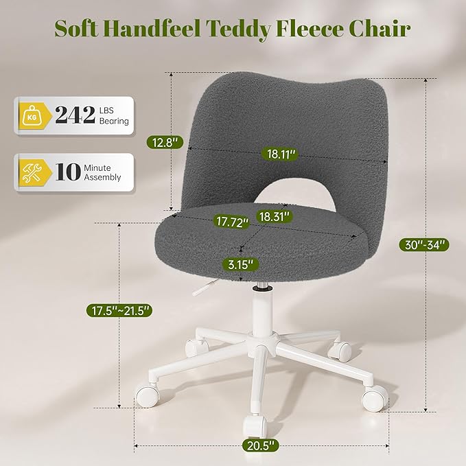 Vanity Chair with Wheels Armless, Cute Vanity Chair with Back,Ultra-Plush Fleece Cute Desk Chair, Small Office Chair Height Adjustable,for Make-up Room,Bedroom,Grey