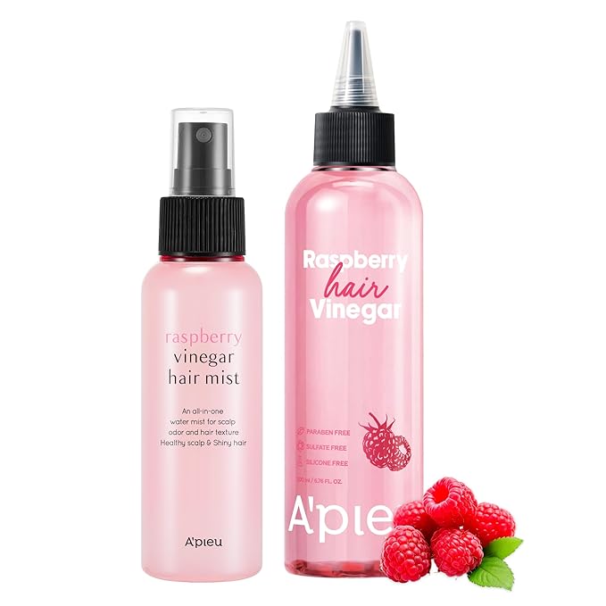 A'PIEU Raspberry Hair Vinegar Rinse & Mist Set - Vinegar for Scalp Treatment & Detox, Refreshing | Hair Perfume Spray for Smooth, Shiny, Frizz-Free | Korean Haircare (6.76 Fl oz / 3.55 fl oz)