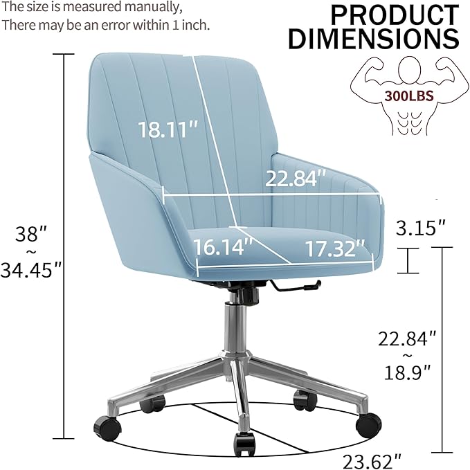 YISHENG Velvet Office Desk Chair with Silver Base, with Wheels,Modern Height Adjustable 360 Degree Swivel Upholstered Vanity Chairs with Arms for Living Room Bedroom,Light Blue