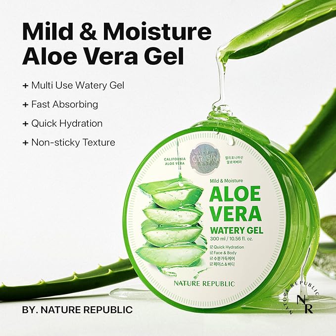 Nature Republic Mild & Moisture Aloe Vera Watery Gel (1 PCS) | Hydrating & Moisturizing, Fast-Absorbing Non-Sticky, Aftersun & Aftershave Soothing Gel for Face & Hair, Korean Skincare, All Skin Types
