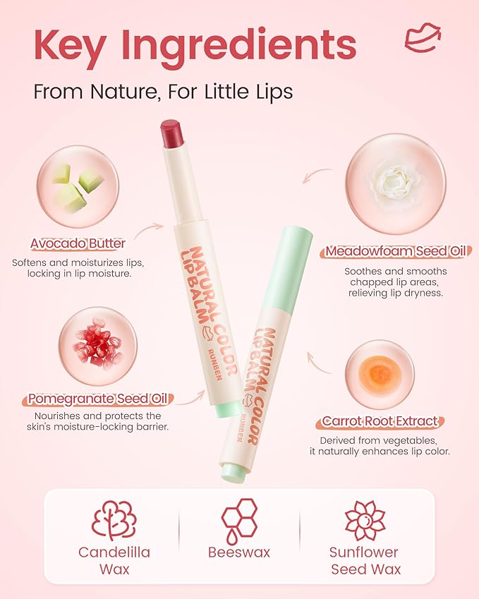 RUNBEN Kids Tinted Lip Balm, Juicy Pomegranate Lipstick, 24H Moisturizing, Safe & Non-toxic Lip Gloss for Kids & Teen, Christmas Makeup Gift for Girls
