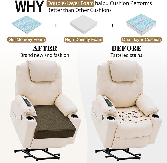 baibu Gel Memory Foam Recliner Cushions with Lumbar Support Pillow for Elderly, 20x20x5 Inch Thick Dual-Layer Design Non-Slip Seat Cushion for Recliner Chair for Reduce Hip & Lumbar Pain, Brown