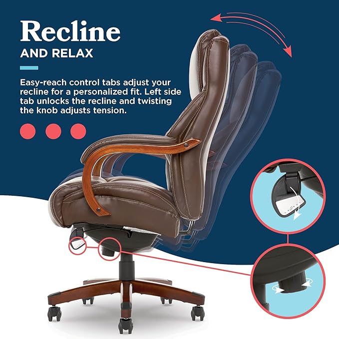 La-Z-Boy Delano Big and Tall Executive Office Chair - Ergonomic Lumbar Support Memory Foam - Bonded Leather Desk Chair for Home Office - Mahogany Wood Arms - Chestnut Brown