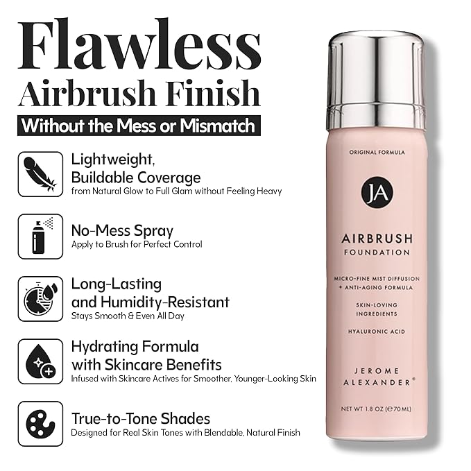 Jerome Alexander MagicMinerals AirBrush Foundation – 2 Piece Set with Airbrush Foundation and Kabuki Brush - Spray Makeup with Anti-aging Ingredients for Smooth Radiant Skin - Light