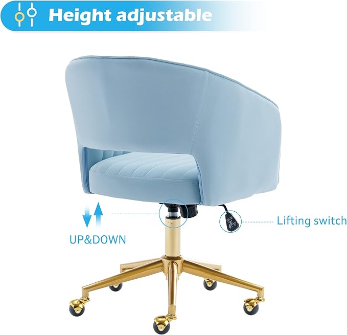 Home Office Chair Swivel Velvet Desk Chair Accent Armchair Upholstered Modern Tufted Chairs with Gold Base for Girls Women Ergonomic Study Seat Computer Task Stools for Living Room(Blue)
