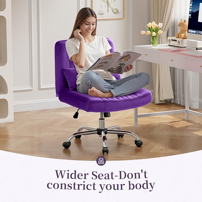 Warmiehomy Velvet Criss Cross Chair with Wheels, Cross Legged Office Chair, Comfy Desk Chair for Home Office, Ergonomic Computer Chair, Wide Seat Vanity Chair, Birthday Gift for Women, Purple
