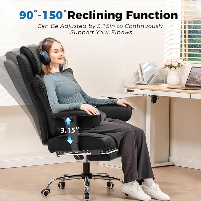 GTPLAYER Big and Tall Office Chair 400LBS Wide Ergonomic Fabric Deluxe Embossing Designed Gaming Chair with Foot Rest,150°Reclining Adjustable Armrests Pocket Spring Back Support and Pillow