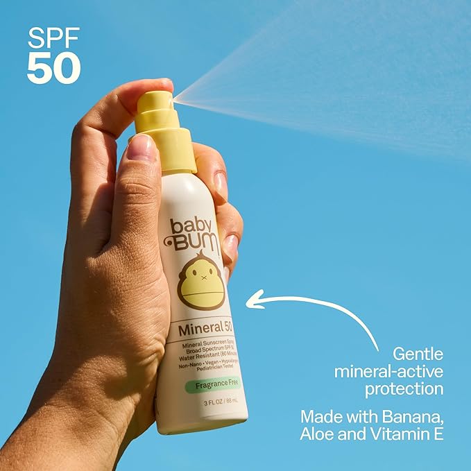 Sun Bum Baby Bum SPF 50 Sunscreen Spray | Mineral Uva/Uvb Face & Body Protection for Sensitive Skin | Fragrance Free | Travel Size | 3 fl oz | 2 Pack