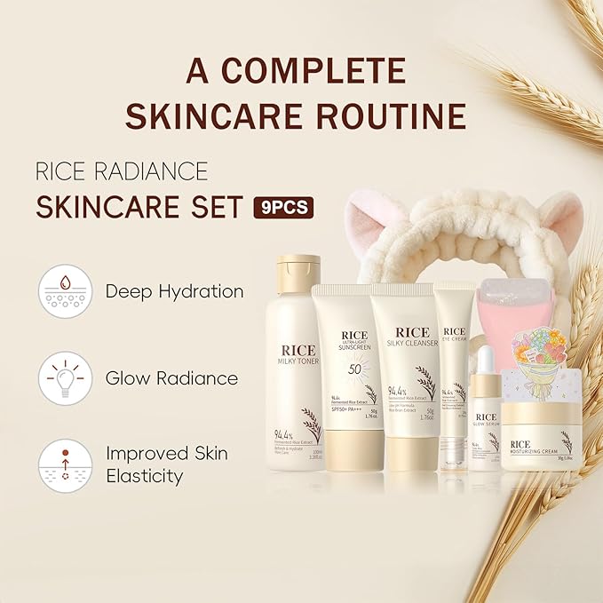 Rice Skincare Set for Women & Girls – Korean Skin Care Set with Rice Cleanser, Toner, Serum, Face Cream, Eye Cream, Sunscreen, Ice Roller, Headband & Card – Moisturizing & Skin Barrier Support (9PCS)
