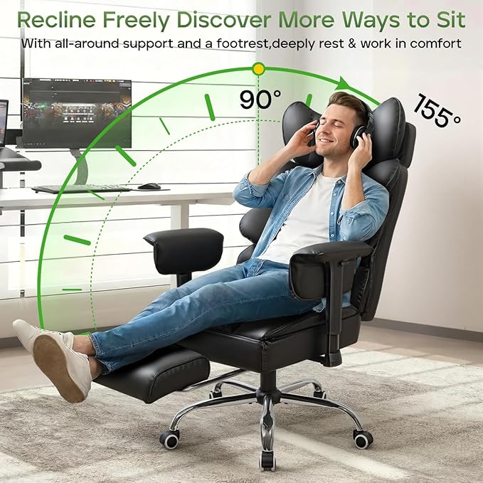 Big and Tall Office Chair with Foot Rest,Ergonomic High Back Computer Desk Chair,Executive Office Chairs with Lumbar Support & Armrests for Heavy People,Comfy 155°Recliner Gaming Chair